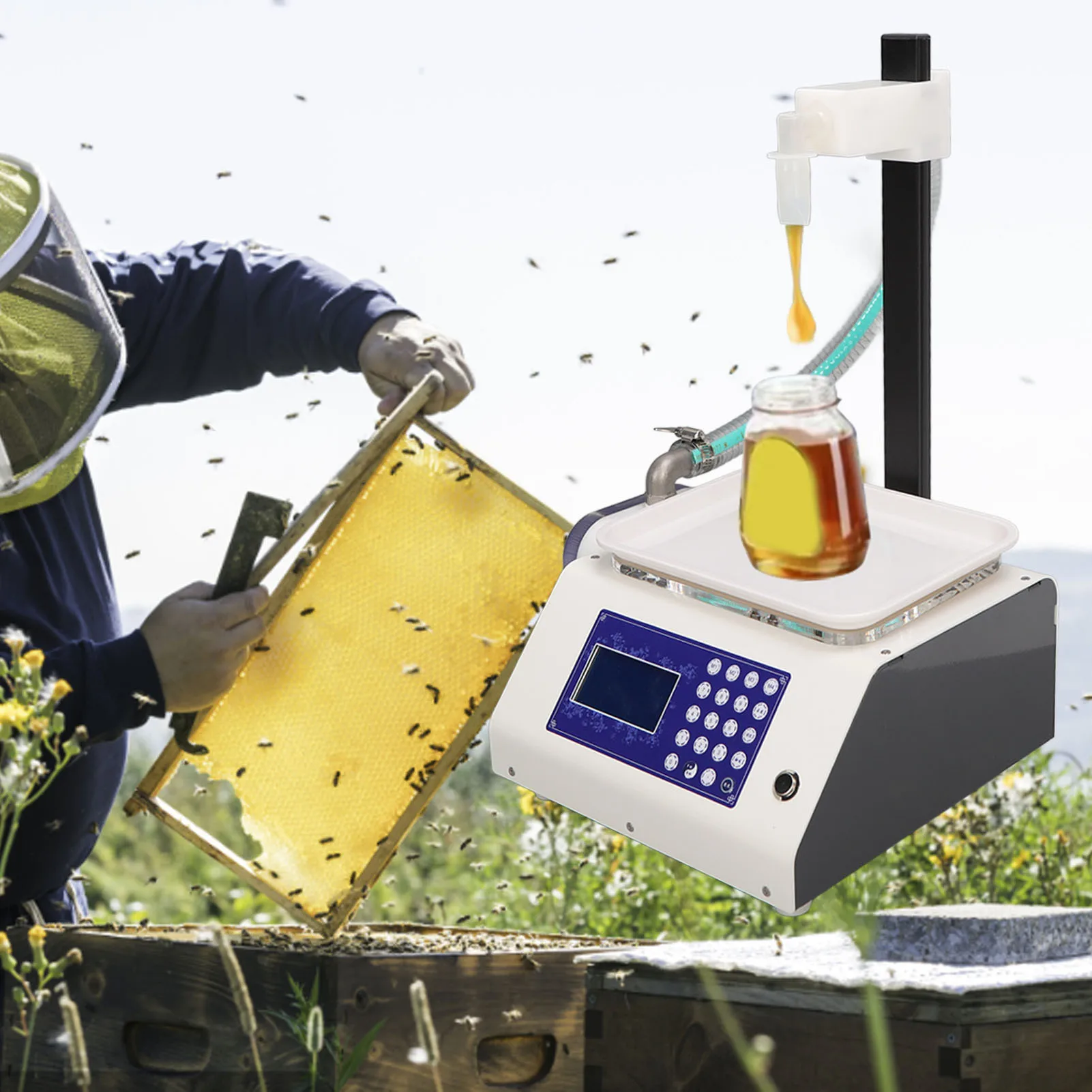 꿀 충전 기계 정량 조절식 리프팅 로드 병 충전기 꿀벌 사육용 금속 쉘 시트