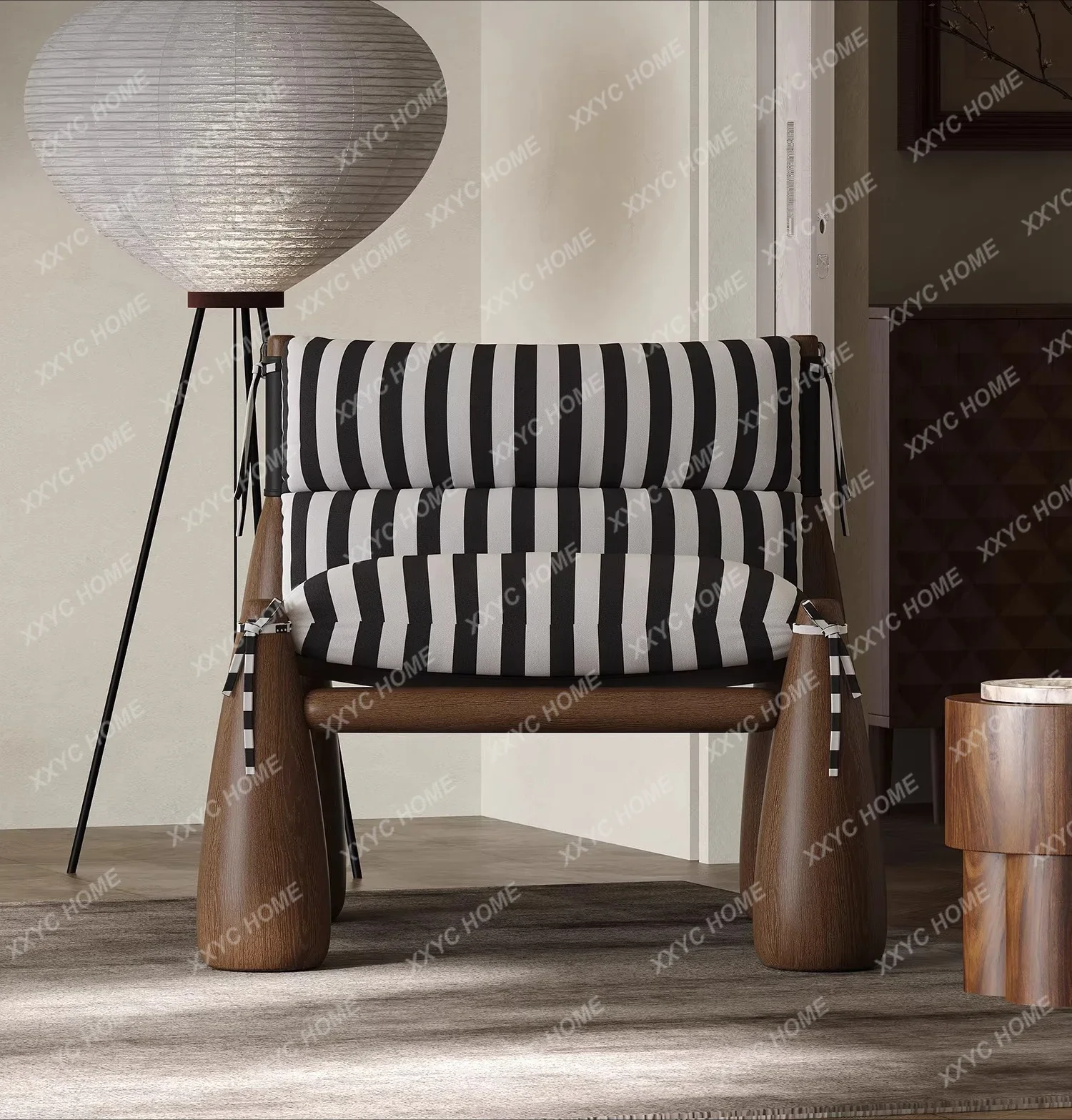 Solid wood baseball chair household living room striped fabric single leisure chair