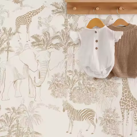 Vintage Safari Animals Peel and Stick Wallpaper,Beige Color Animal Wall Mural For Kid's Room Decor,Self-adhesive Or Traditional