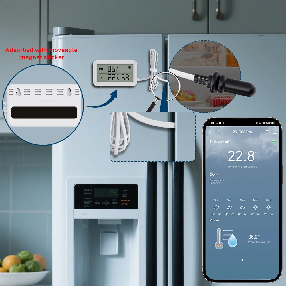 مستشعر درجة الحرارة والرطوبة Tuya Wi-Fi مع مسبار خارجي وشاشة LCD رقمية ذكية تعمل مع مساعد Google Smart Life