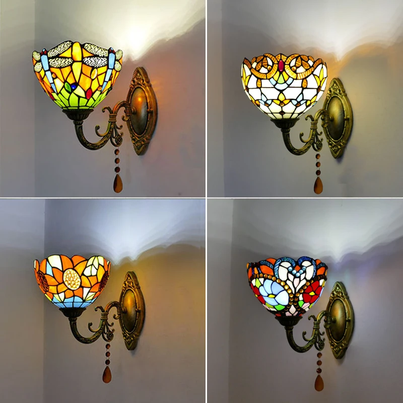 

Mediterranean Tiffany Stained Glass Wall Lamp Modern Bedside Bedroom Vintage Lighting Indoor Wall Sconce Mirror Light Fixtures