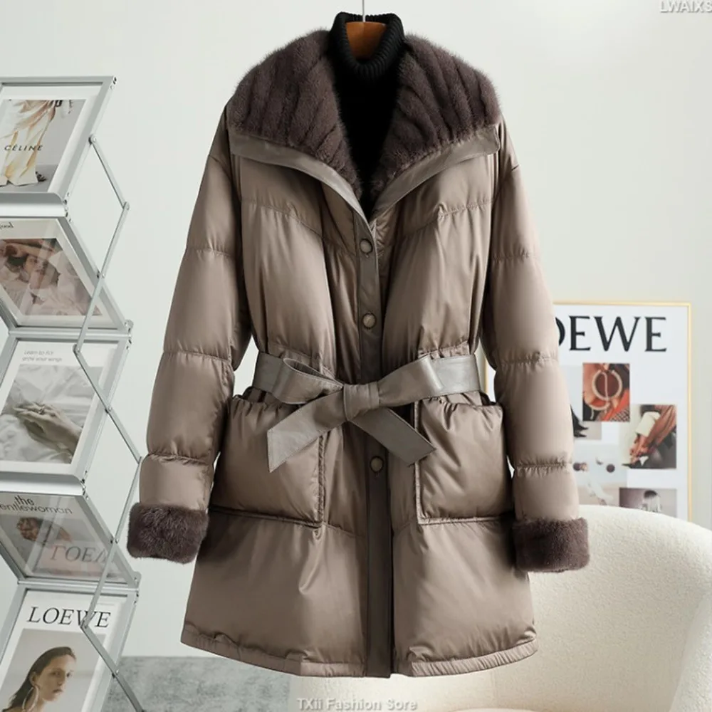 TXii Fashion Luxury Mink Collar Down Jacket With Waist showing slimming down jacket 2023 winter new mid length jacket for women