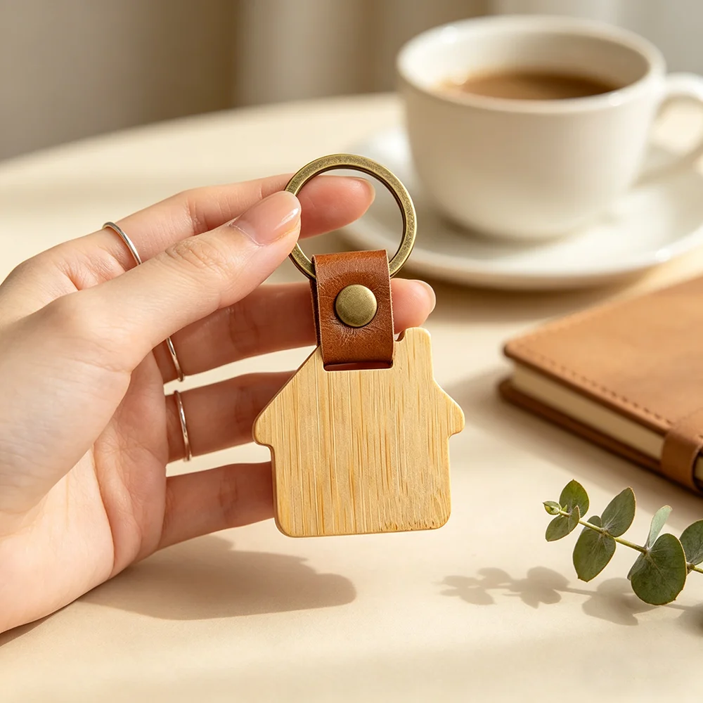 Blanko Kreativer Leder-Holz-Schlüsselanhänger Rund Rechteckig DIY-Zubehör Modische Taschenanhänger Charms Autoschlüsselring Souvenir-Geschenke – Detail 2