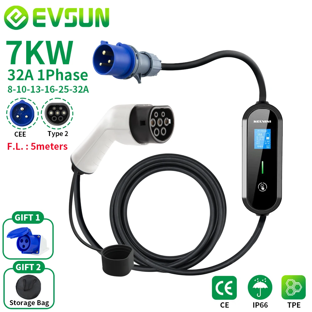 EVSUN EV Portable Charger  7KW 32A Type2 EVSE Charging Box Electric Car Charger CEE Plug IEC62196-2 Electric Vehicle Charger