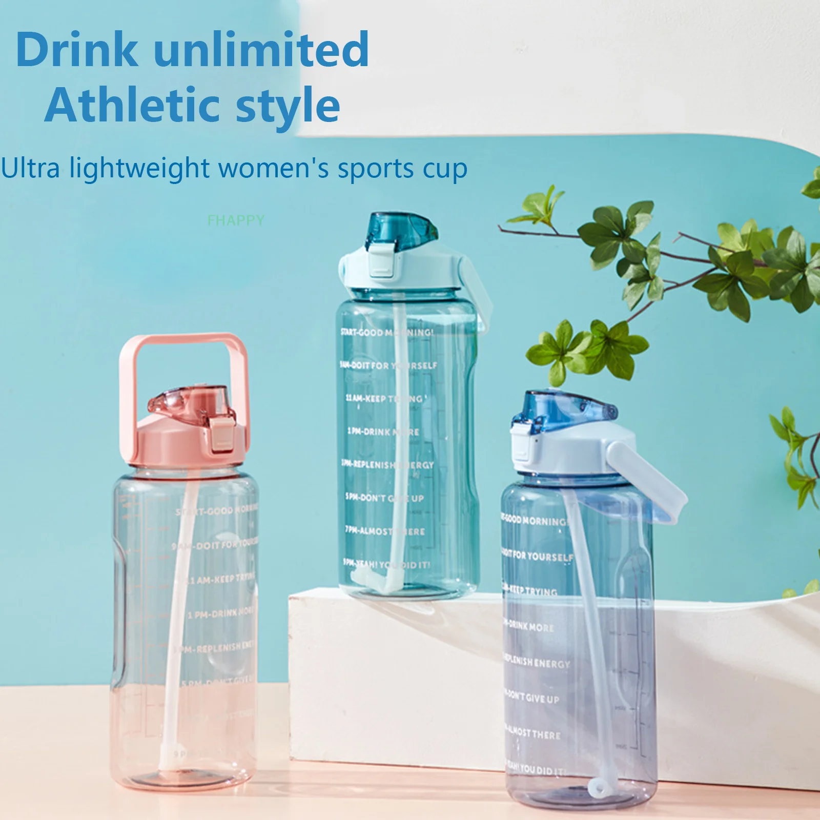 2 Liter Sports Water Bottle with Straw Female Girls Large Portable Travel Bottles Summer Cold Water Fitness Cup with DIY Sticker