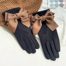 Fashion Women's Pearl Bow With Velvet  Full Finger Touch Screen Gloves For Autumn Winter Outdoor Cycling Windproof Cold Proof