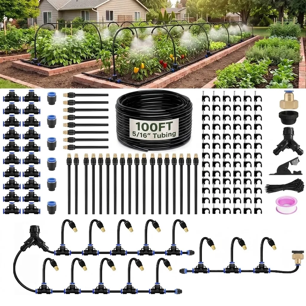 Complete Garden Watering Kit 50 66 100FT 5 16 Inch Tube Brass Nozzles Adapter Mist Drip Off Settings For Efficient Outdoor Plant