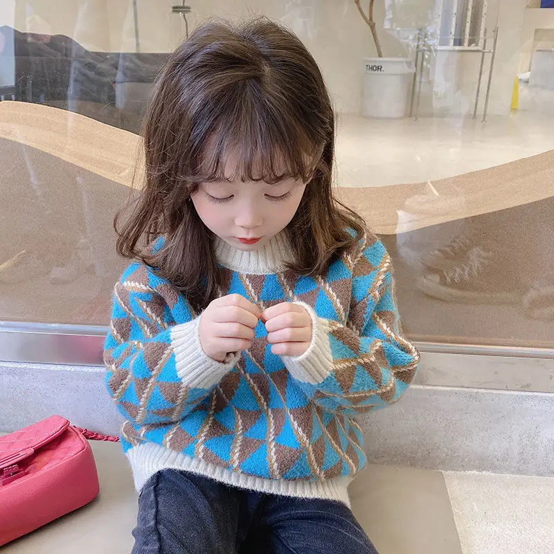 Girls' Semi High Neck Sweater for Autumn and Winter New Korean Style Western-style Children's Baby Knitted Sweater Thick Top