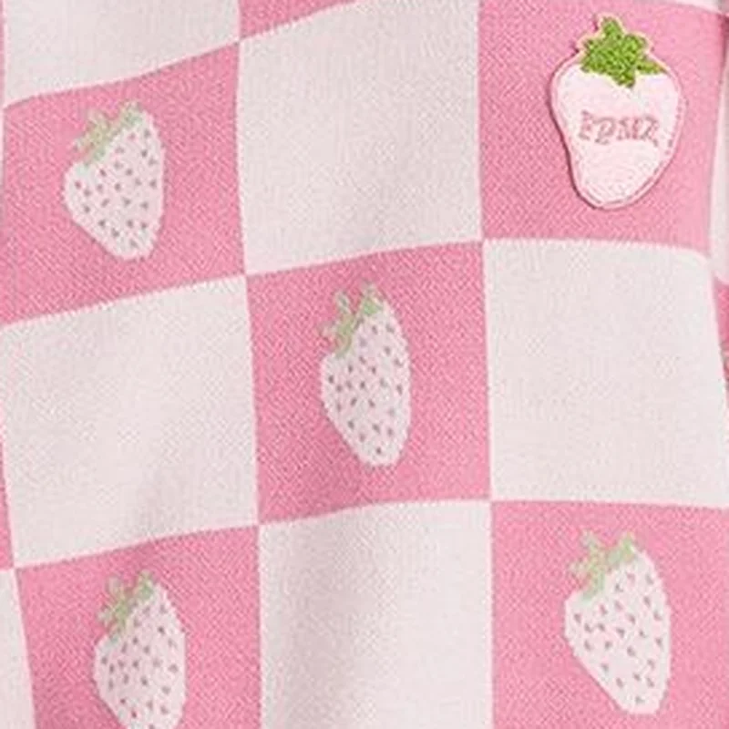 KOSAHIKI Sweet Pink Plaid V-Neck Sleeveless Knitted Sweater Vest Women Y2k Strawberry Waistcoat Spring Autumncute Vests Tops