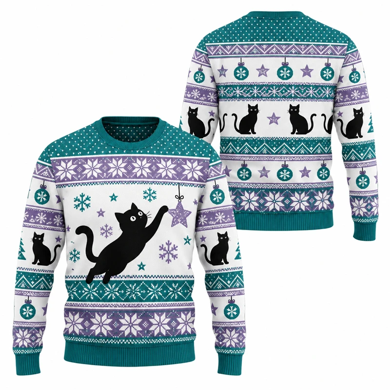 Black Cat Graphic Ugly Christmas Sweatshirt Unisex 3D Print Cute Kitten Pattern Men Fall New Long Sleeve Holiday Party Pullover