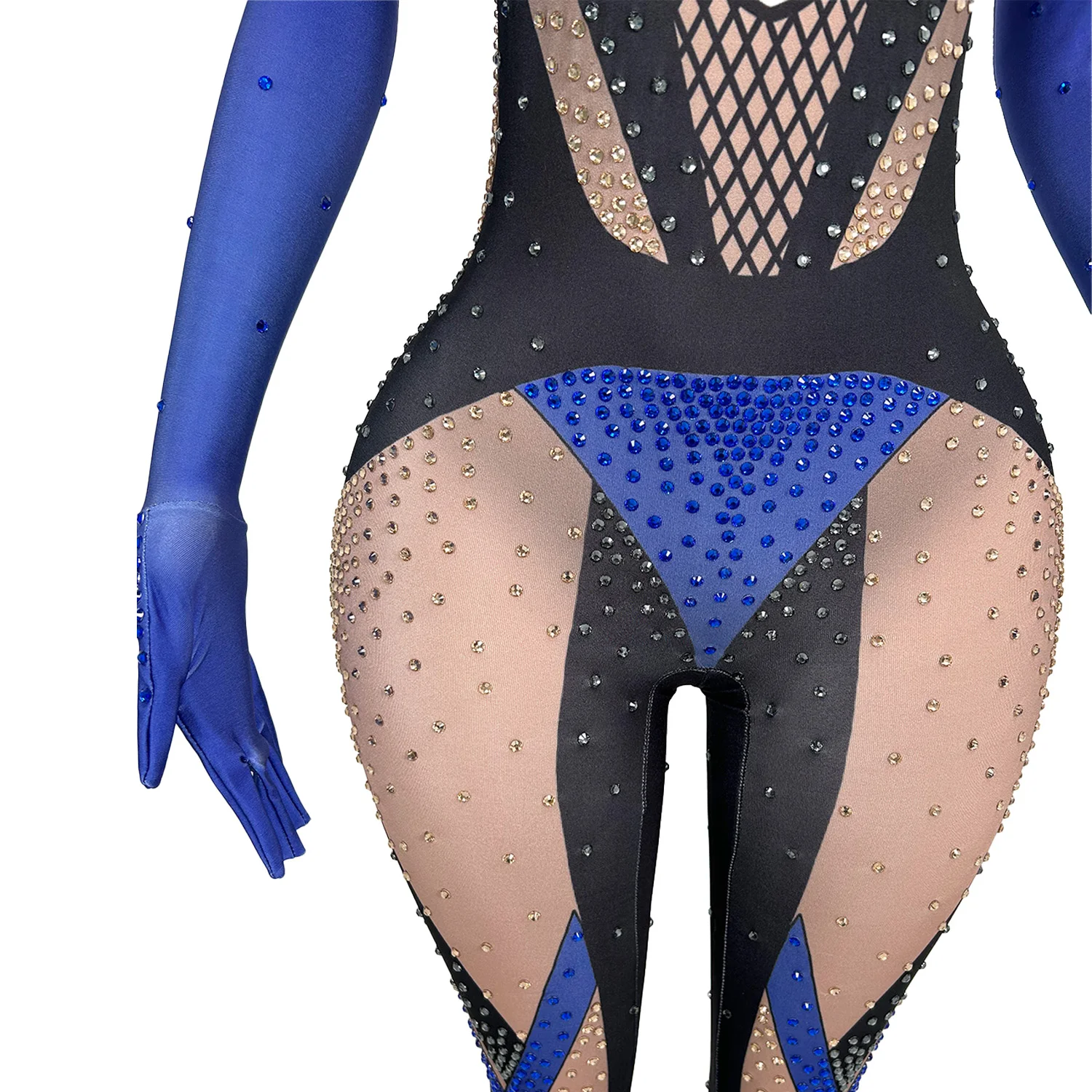 Spandex Elastic Rhinestones Sparkly Jumpsuit Full Gloves Women Performance Dancer Singer Stage Wear Nightclub Show Rompers Lanmo