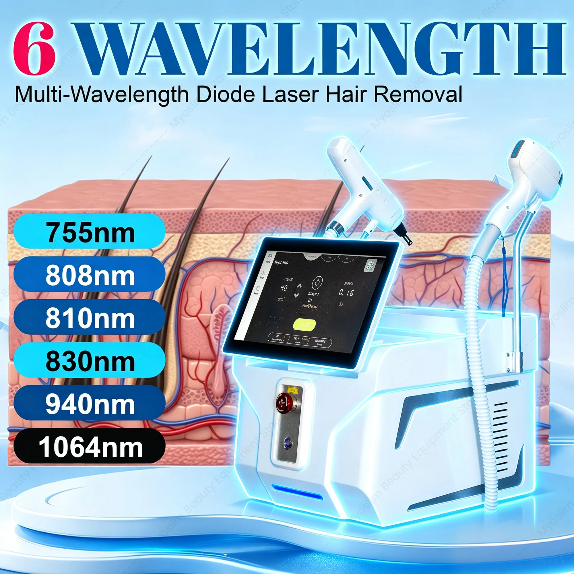 5000W 10 Bars 2 In 1 808nm Diode Laser Hair Removal Pico Tattoo Removal Alexandrite 6 Waves FAC Painless Ice Cooling