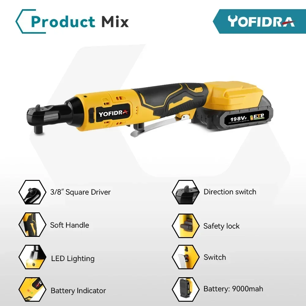 Yofidra 3/8\'\' 200N.M Electric Ratchet Wrench Cordless Rechargeable Removal Screw Nut Car Repair Power Tool For Makita 18VBattery