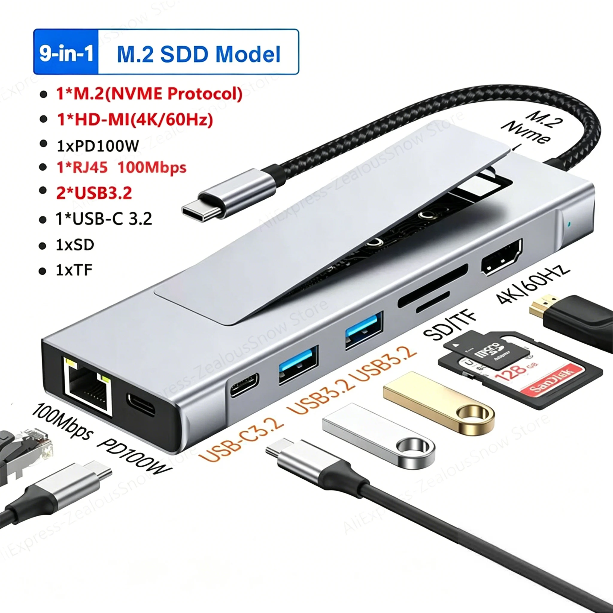  KEBIDUMEI 8-w-1 M.2 SATA NVME SSD HUB USB C Stacja Dokująca SSD Typu C do 4K60Hz USB3.2 Rozdzielacz Portów SD/TF Czytnik Kart do Laptopa — 2