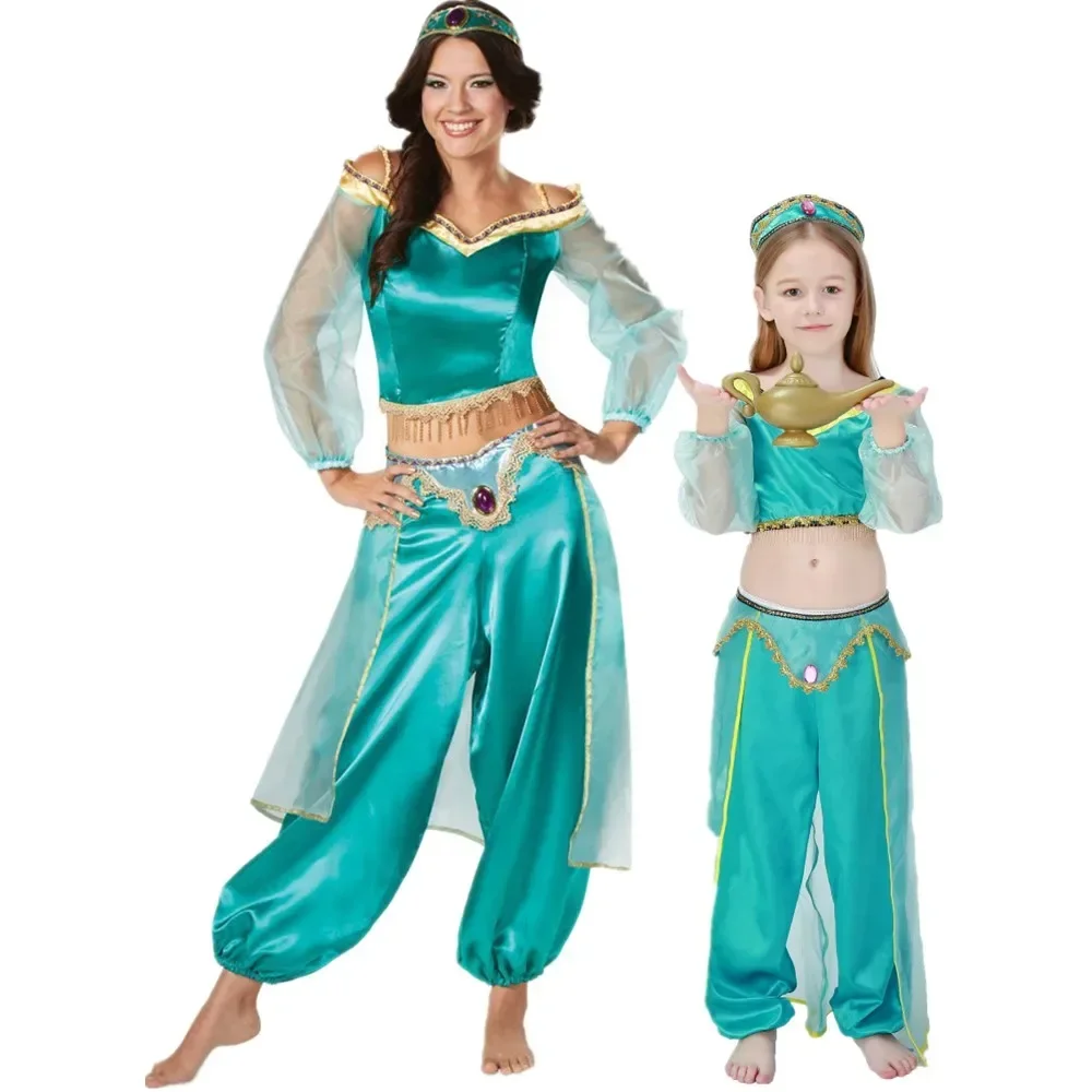 Adult Womens Princess Jasmine Costume Arabian Belly Dancer Outfit Kids Halloween Fairy Aladdin Lamp Fancy Dress