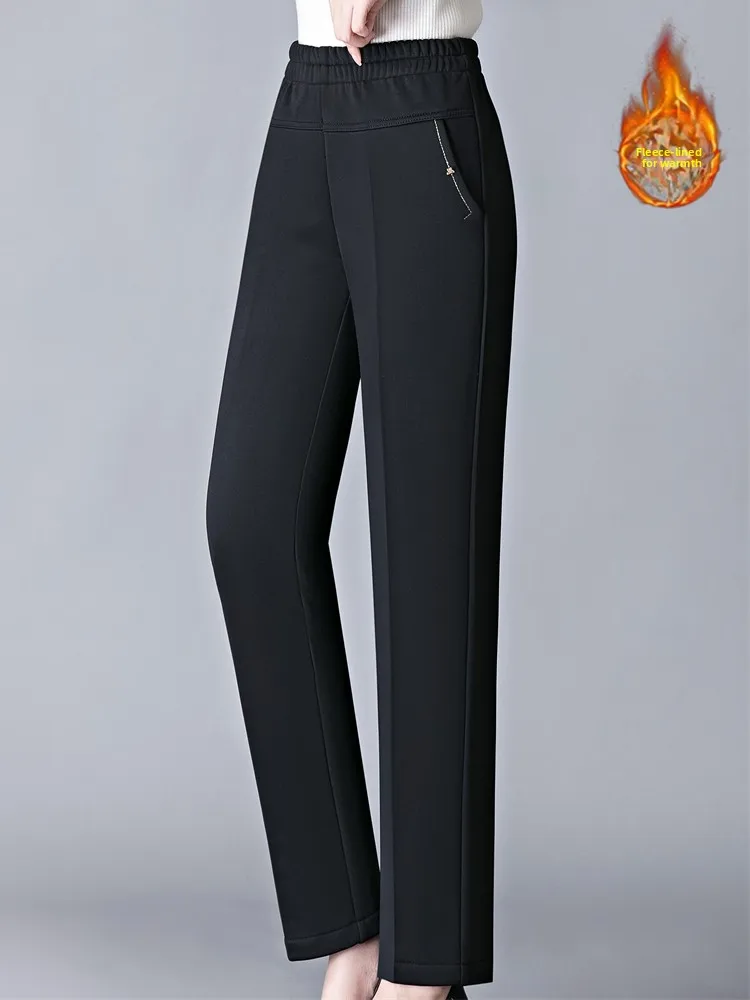 

Thickened Fleece Lined Belted Waist Autumn Winter Warm Pants Black for Middle Aged Women Casual Fashionable Long Trousers