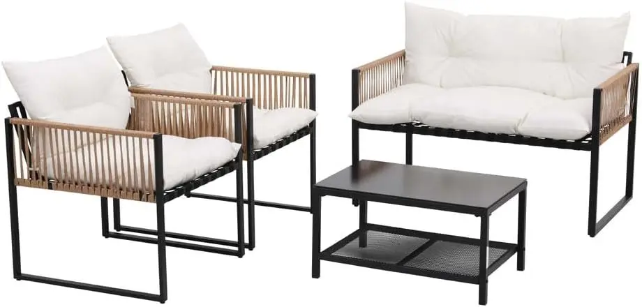 طقم أريكة خارجي مكون من 4 مقاعد مكون من 4 قطع طقم كراسي طاولة وأثاث فناء الحديقة #4