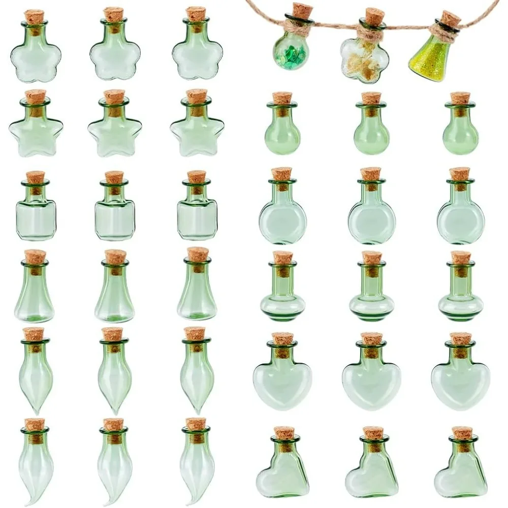 

33pcs 11 Styles Mini Glass Bottles Wish Jar Green Spell Bottles Decorative Jar Small Glass Bottles with Cork Lid Blown Glass
