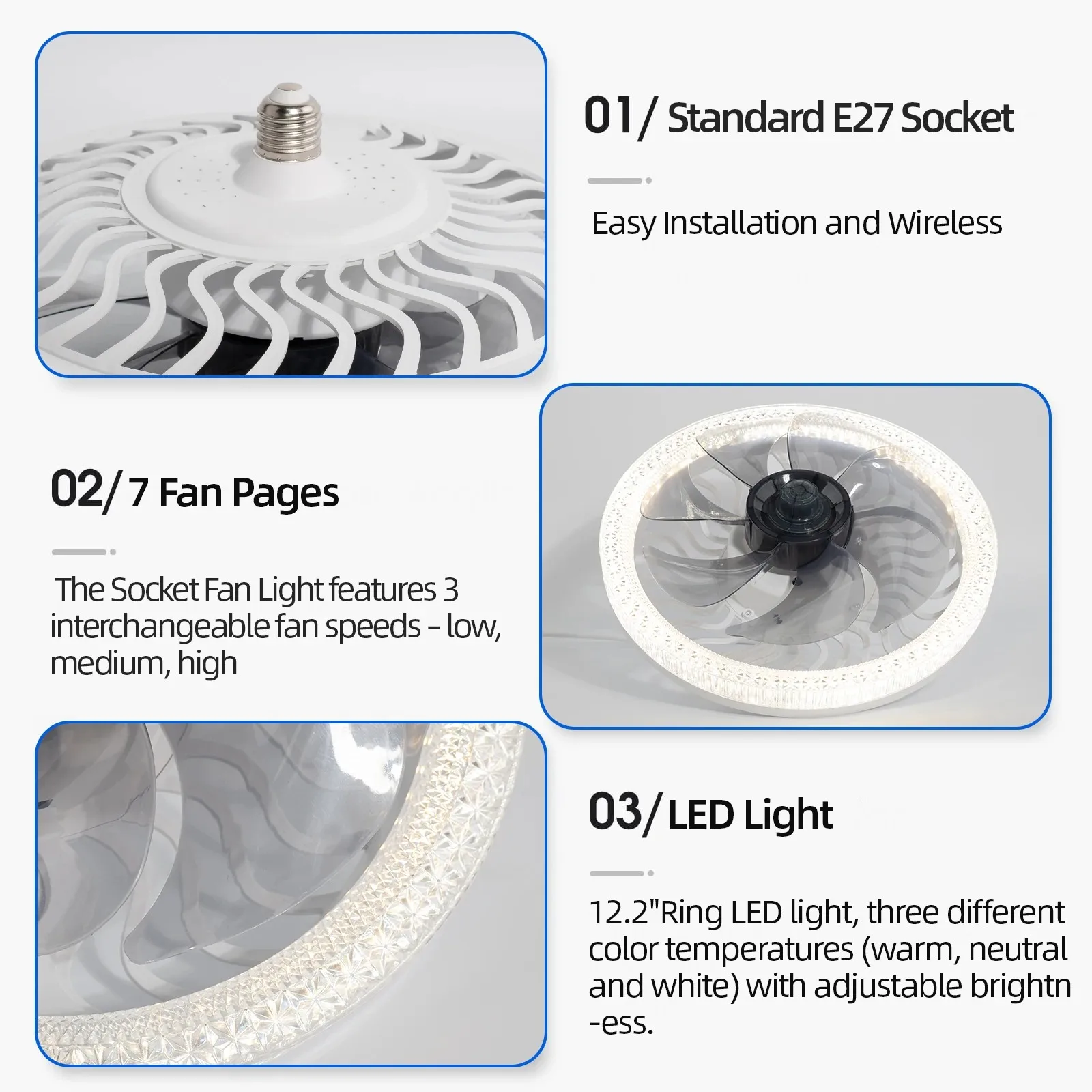 Imagem -06 - Ventilador de Teto Regulável com Luz Led E27 Base Ventilador Controle Remoto Velocidades de ar Soquete Ventilador Cozinha Banheiro