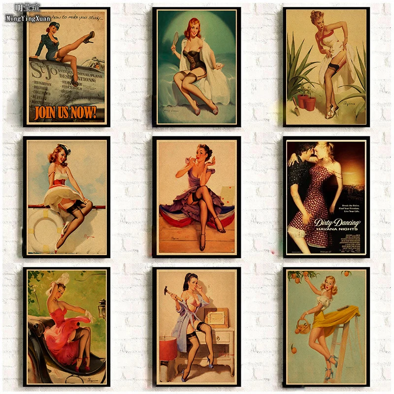 

Vintege Poster New World War II Sexy Pin Up Girl Sticker Kraft Paper Posters and Prints Wall Art Picture for Living Room gift