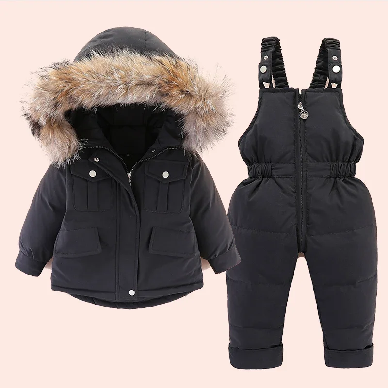 2pcs Set Baby Girl winter down jacket and jumpsuit for children Thicken Warm fur collar jacket for girls Infant snowsuit 0-4Year