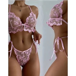 Exotic Outfits Women Sexy Lingerie Erotic Underwear See-through Bra Brief Set Mesh Embroidery Sleepwear Pink Porn Nightwear