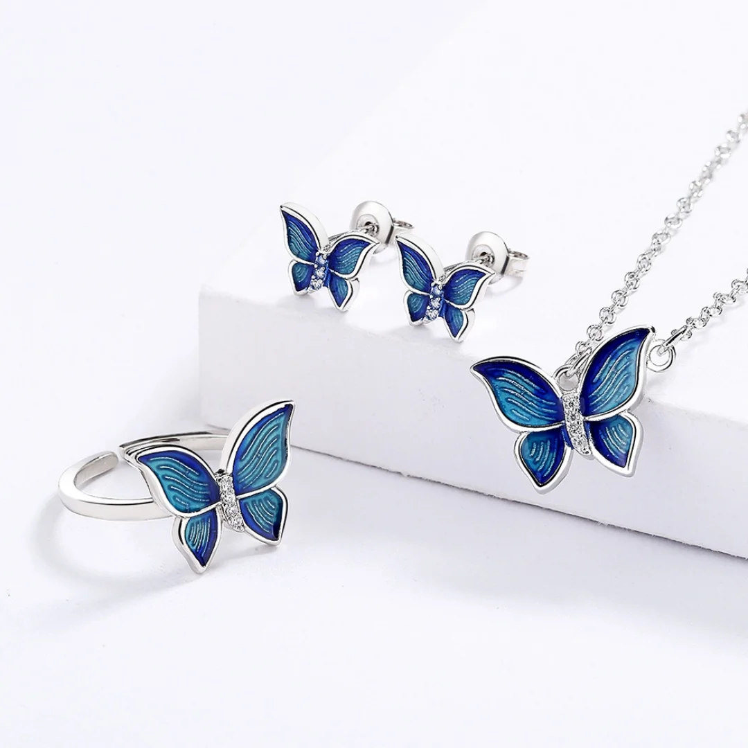 925 Sterling Silver Fashion Elegant Versatile Creative Micro‑enamel Butterfly Wing Necklace Three‑Piece Jewelry Set for Women