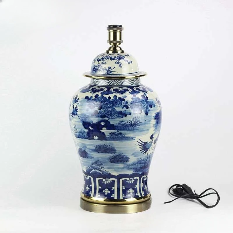 Gold rim brass base blue and white bird floral pattern porcelain ginger jar lamp