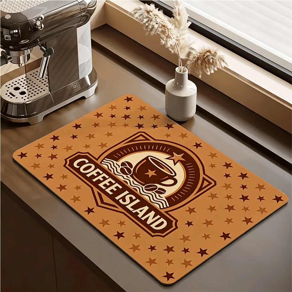 Coffee Island Dish Drying Mat Vintage Coffee Bar Countertop Mat Absorbent Microfiber Kitchen Counter Pad Star Pattern Coffee Mat