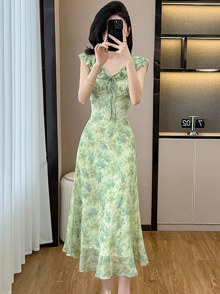 여성 그린 플로럴 쉬폰 시크 보우 러플 V넥 섹시 드레스 여름 우아한 캐주얼 비치 드레스 2025 한국 바디콘 파티 드레스