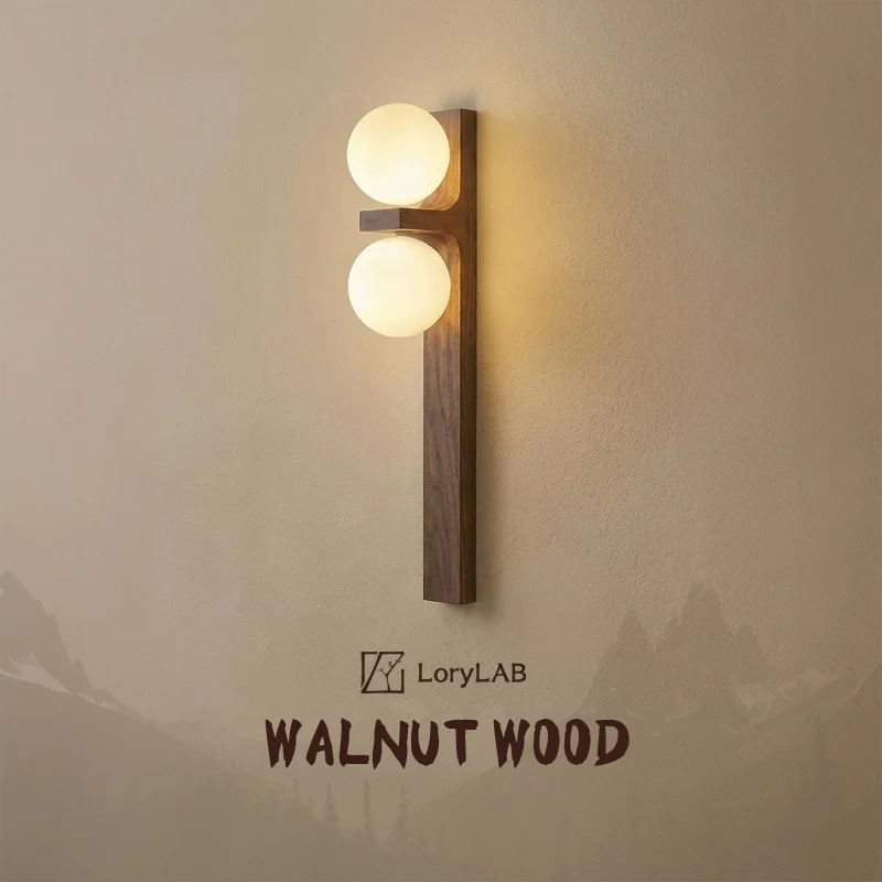 Glass spheres Long Strips Walnut Wood, Modern Wabi-Sabi Vintage Simple, Wall Sconce Light for Living Room, Dining Room, Bedroom