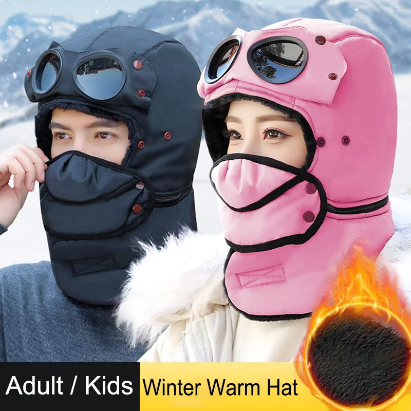 Winter Bomber Hat Adult Kids Windproof Hood Pilot Hats with Mask Glasses Warm Earflap Cap Cycling Caps Balaclava