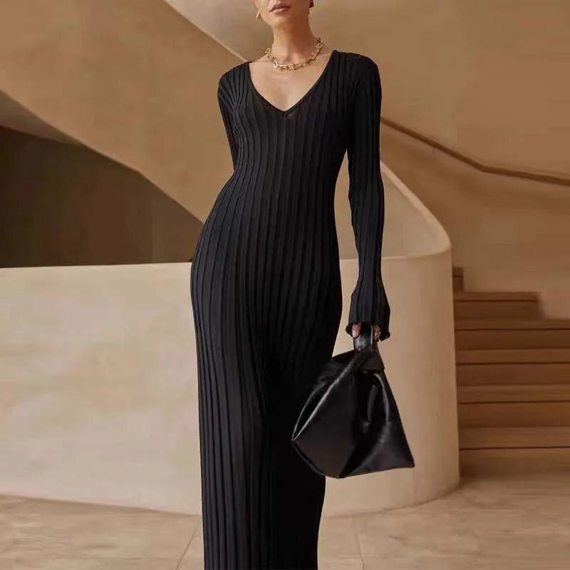 Women's Sexy Ribbed Knit Sweater Dress Casual Long Sleeve V Neck Bodycon Pleated A Line Long Dress Streetwear