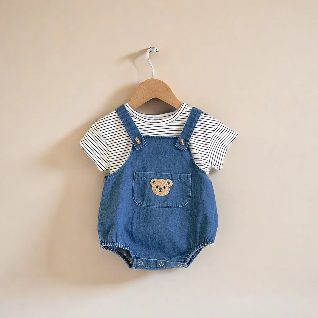 2024 Summer Denim Overall and Stripe T-shirt Kids Baby Suits for Newborns Babe Boys Girls Soft Denim Bib Pants OUtfits