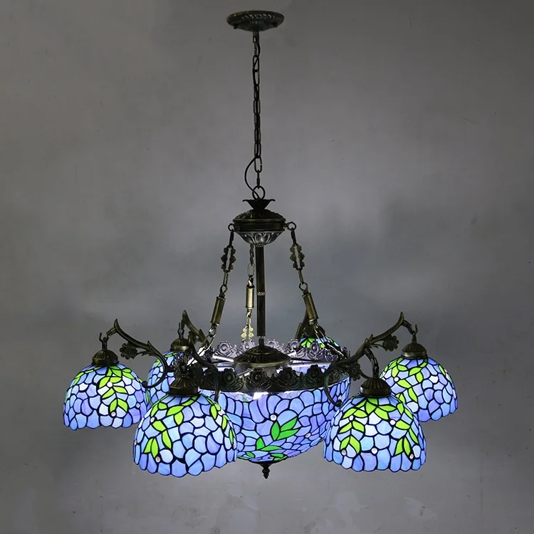Blue Wisteria Baroque Stained Glass  Chandelier Adjustable Victorian Chandelier for Living Room Dining Room