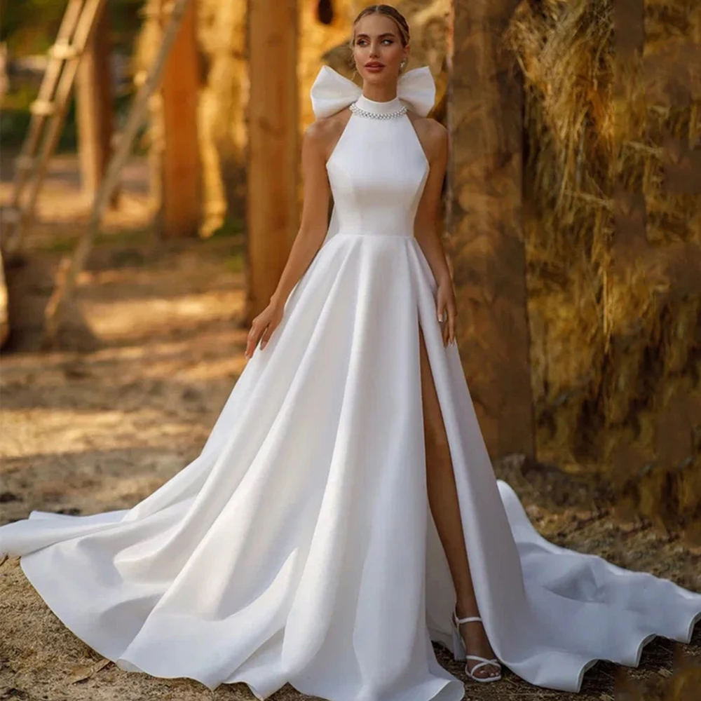 Furtanseo-vestidos de novia sexys de línea A, vestido blanco con cuello Halter, abertura alta, Espalda descubierta, satén, noche, graduación, talla grande, 2023