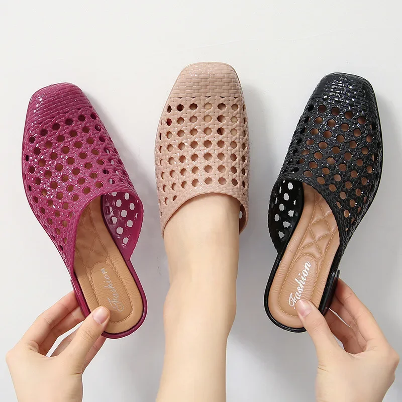 

Women Summer Shoes Hollow Slipper Casual Slip-on Square Toe Medium Heel Slippers Sandals Woman Beach Shoes Zapatos De Mujer