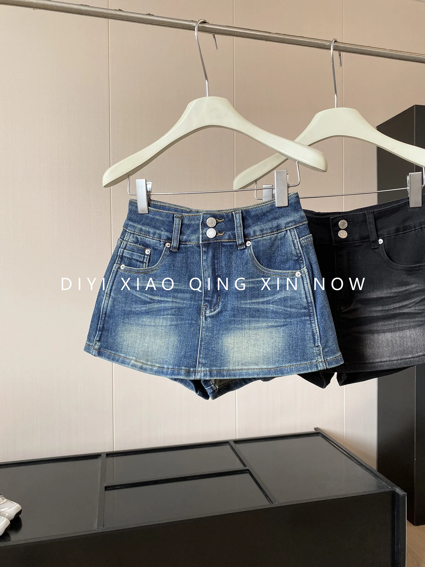 High Waist Double Buckle Denim Skirt Pants Women's Autumn Spicy Anti-Light Wide Leg Pants Retro Faded Slimming Shortie Skirts