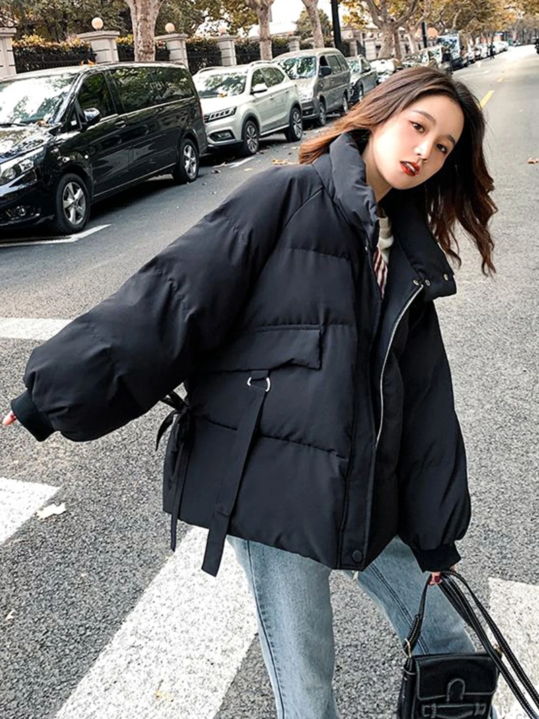 Black Lightweight Fashionable Women's down Jacket Winter Outfit Compact Design Cotton Coat Stylish Trendy Commute Style