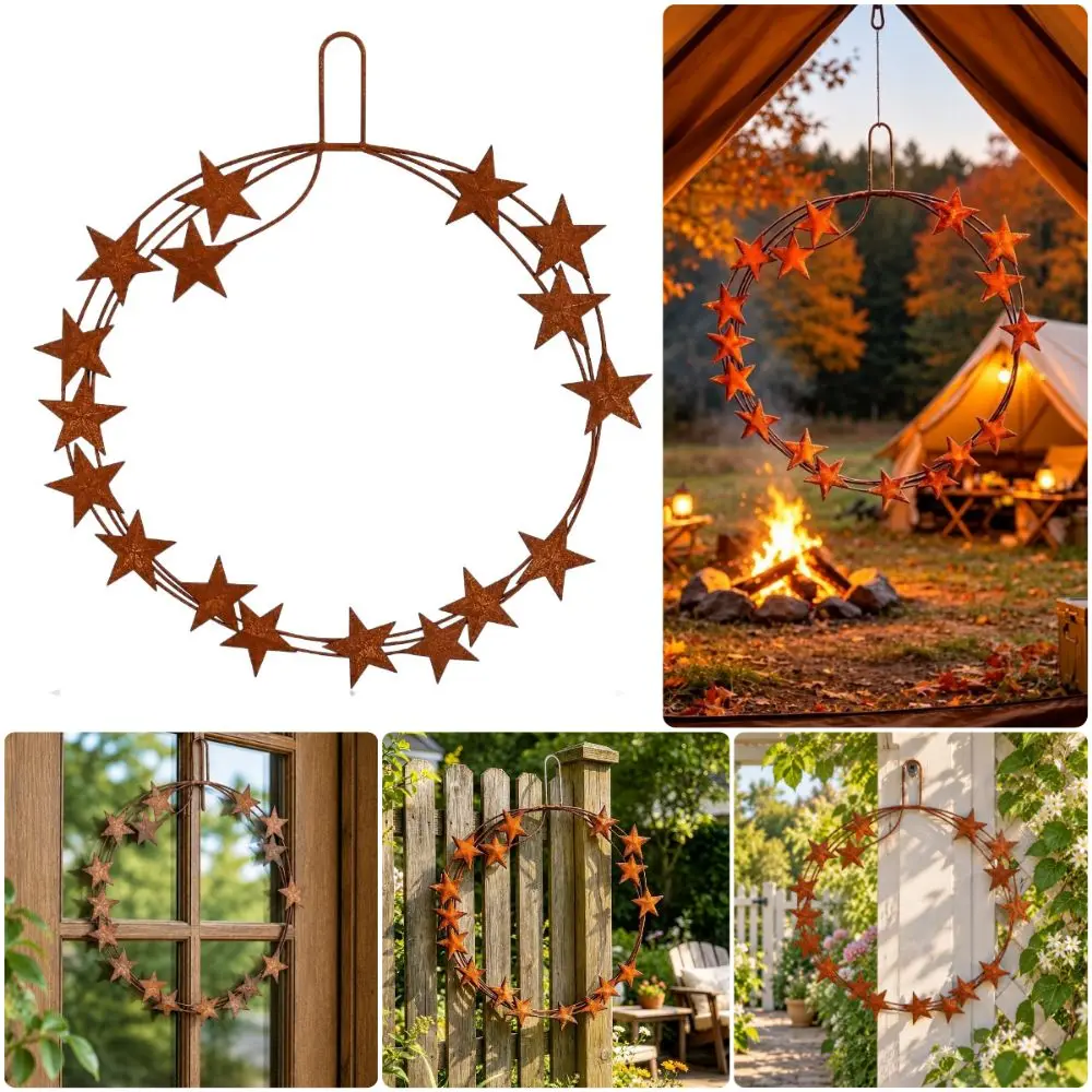 Rusty Red Star Hanging Wreath Rustic Style Metal Fence Hanging Decoration Craft Photo Props Door Decoration Indoor Outdoor