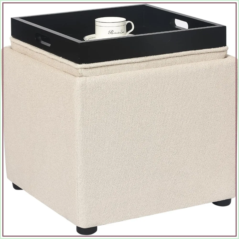 17in Square Storage Ottoman with Reversible Tray Top Upholstered Cube Footrest Stool Beige