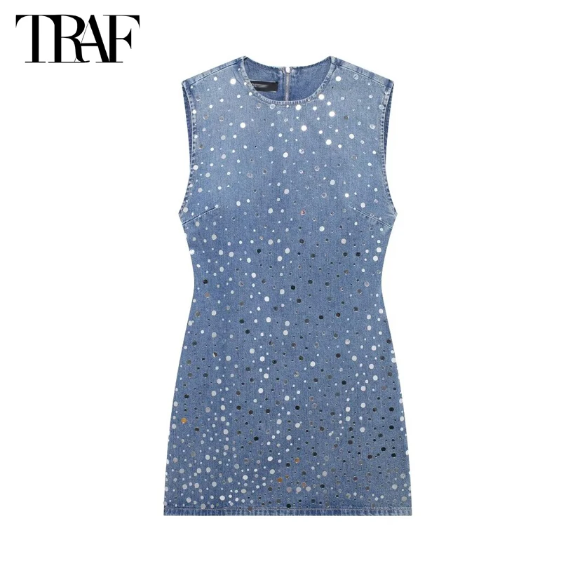 TRAF 2024 Sequin Denim Dress Women Sleeveless Short Dresses for Woman Glitter Summer Jeans Female Dress Holiday Womens Dresses