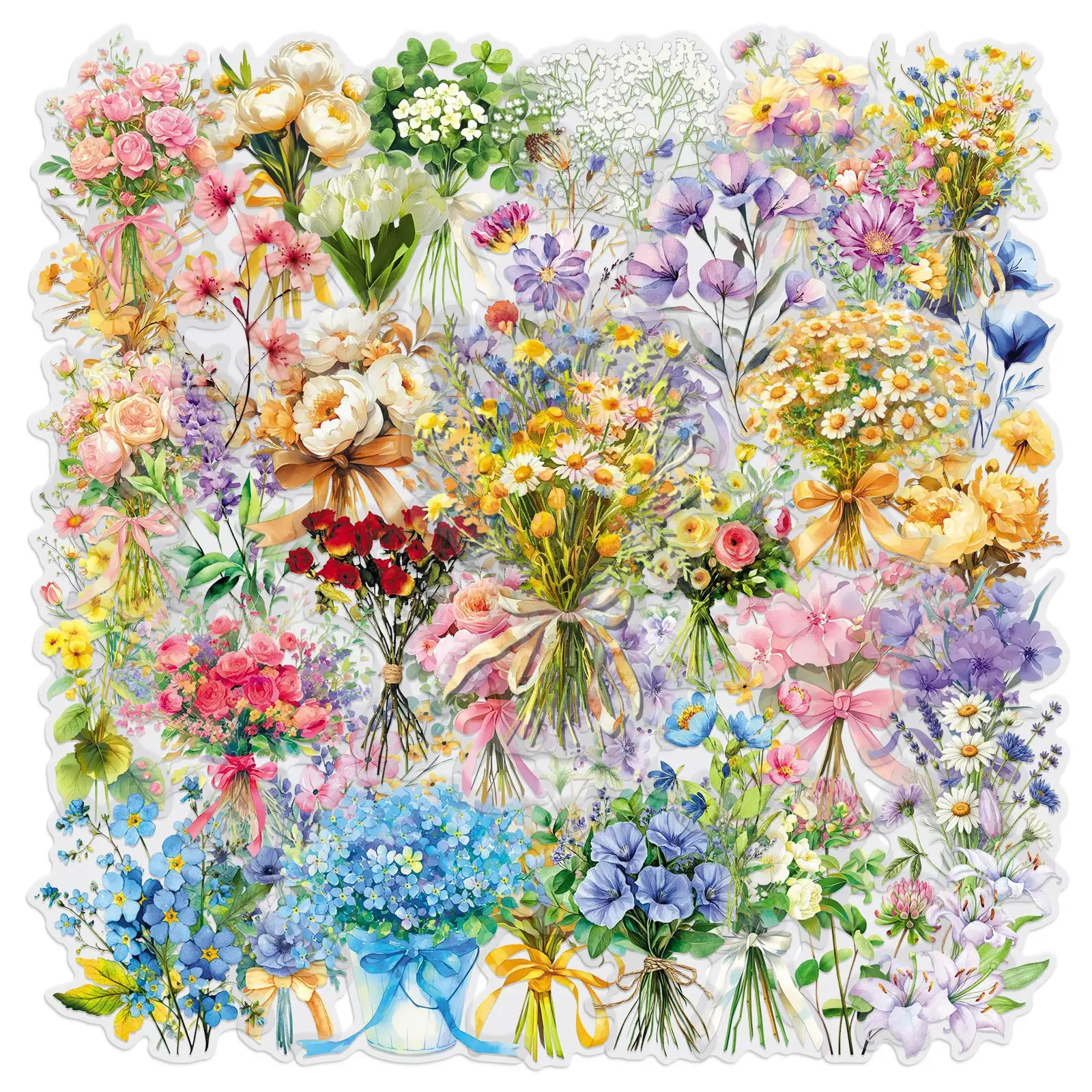 50/100PCS Adesivos Transparentes PET para Buquês, Adesivos de Plantas e Flores em Estilo Cartoon, Impermeáveis, para Caixas de Papelaria e Cadernos DIY