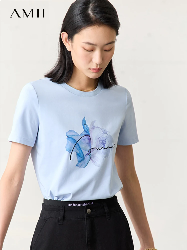 

AMII Minimalism 2023 Summer New O Neck Women Tees Floral Printed Letter Embroidery Cotton Short Sleeve Female Top Women 12352022