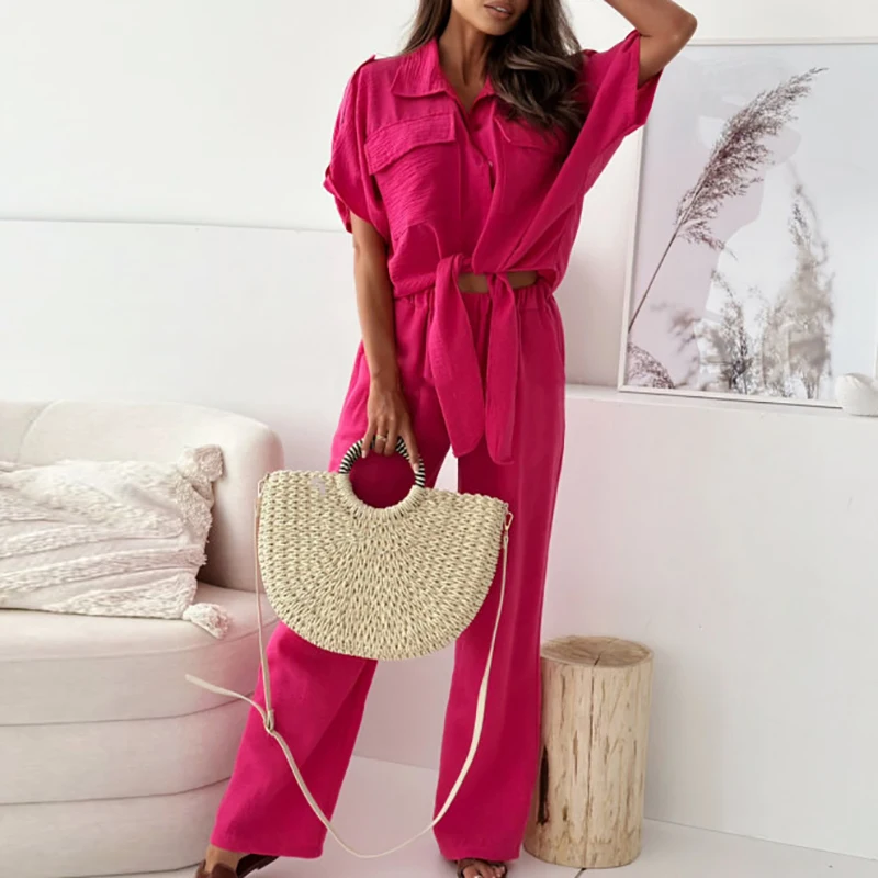 

New Summer Temperament Two Piece Set Casual Lapel Short Sleeved Top + Long Pants Outfit Elegant Solid Color Commuting Women Suit