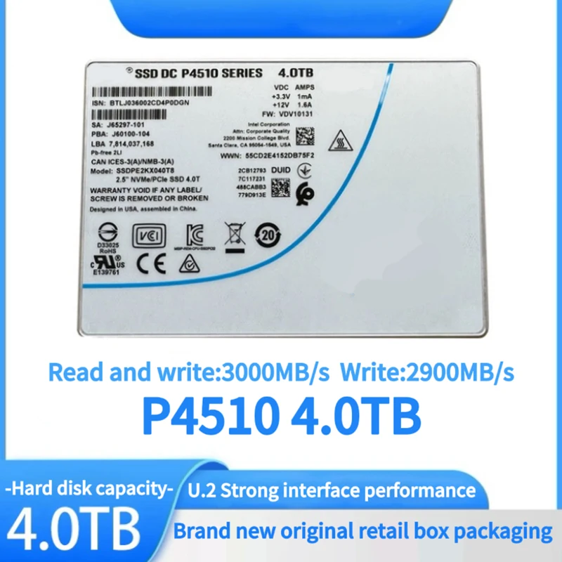 

Твердотельный накопитель P4510 4,0 ТБ U.2 NVME для сервера с корпоративным протоколом SSD. Для: Intel