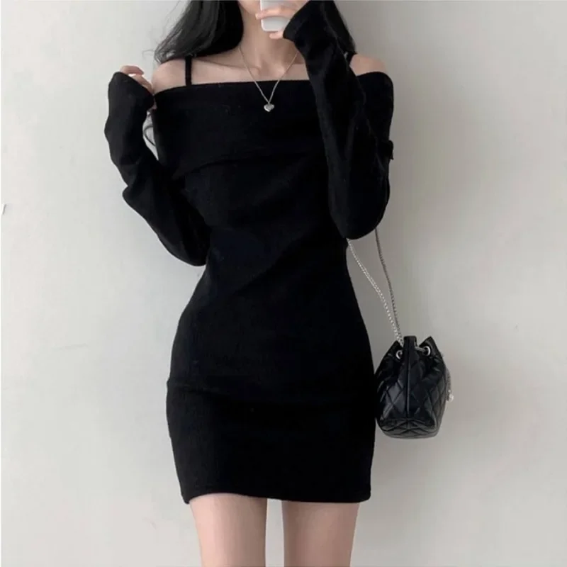 

Spring Winter Korean Style Knitted Mini Dress Solid Sexy Suspender And Off Shoulder Slim Fit Short Skirt Y2k Bodycon Dress
