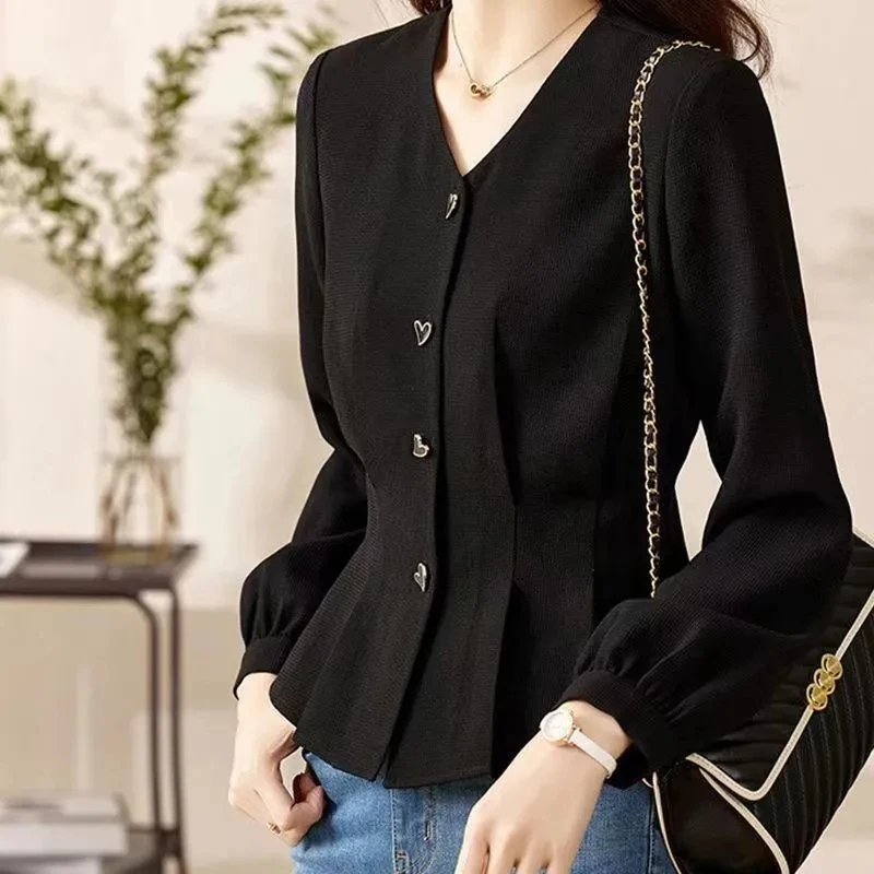 Elegant Black Shirt Women's Long Sleeve V-Neck Short Waist-Cinching Autumn 2024 Fashion Sweet Style Polyester Fiber Blouse