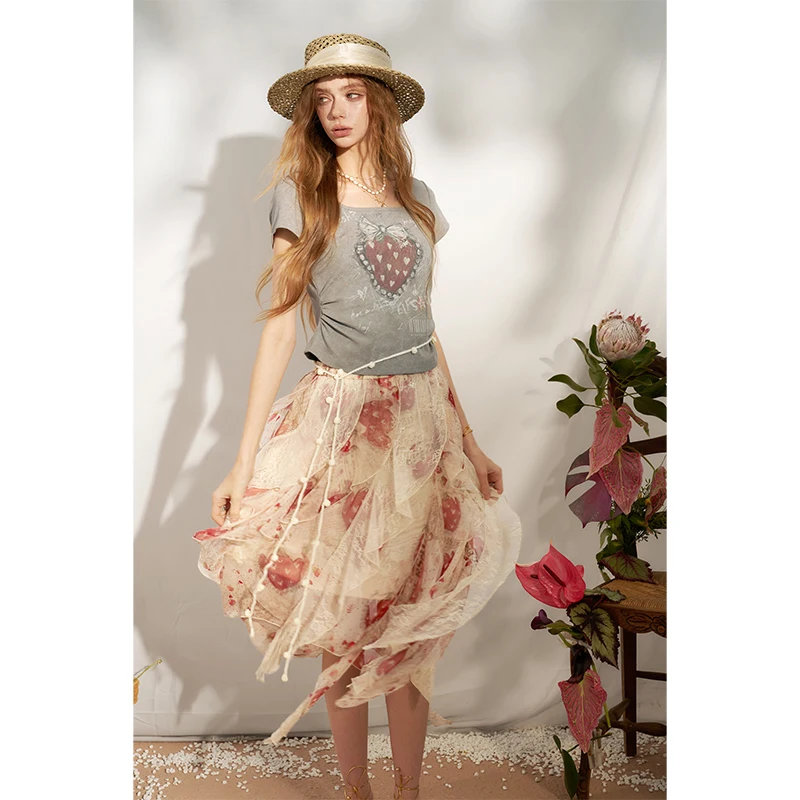 ELFSACK Women's Romantic Floral Print Ruffle Asymmetrical Maxi Skirt, High Waist Flowy Chiffon Skirt, Summer Casual Skirt