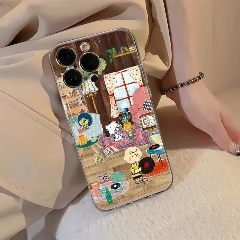 

Retro oil painting Cute Cartoon Snoopy Charlie Phone Case For iPhone 11 12 13 14 15 16 Pro Max Funny Snoopy Anti-Fall Cover﻿﻿